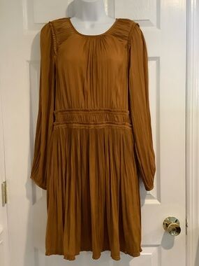 MAEVE ANTHRO Gold/Brown Ruffled Pleated Open Back Fall Wedding Guest Dress M